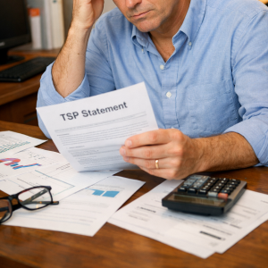 Public sector employee reviewing TSP retirement strategy decisions on a desk